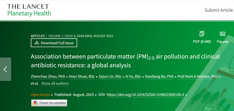 环资学院陈红教授团队在Lancet Planetary Health发文阐明PM2.5空气污染加剧全球抗生素耐药